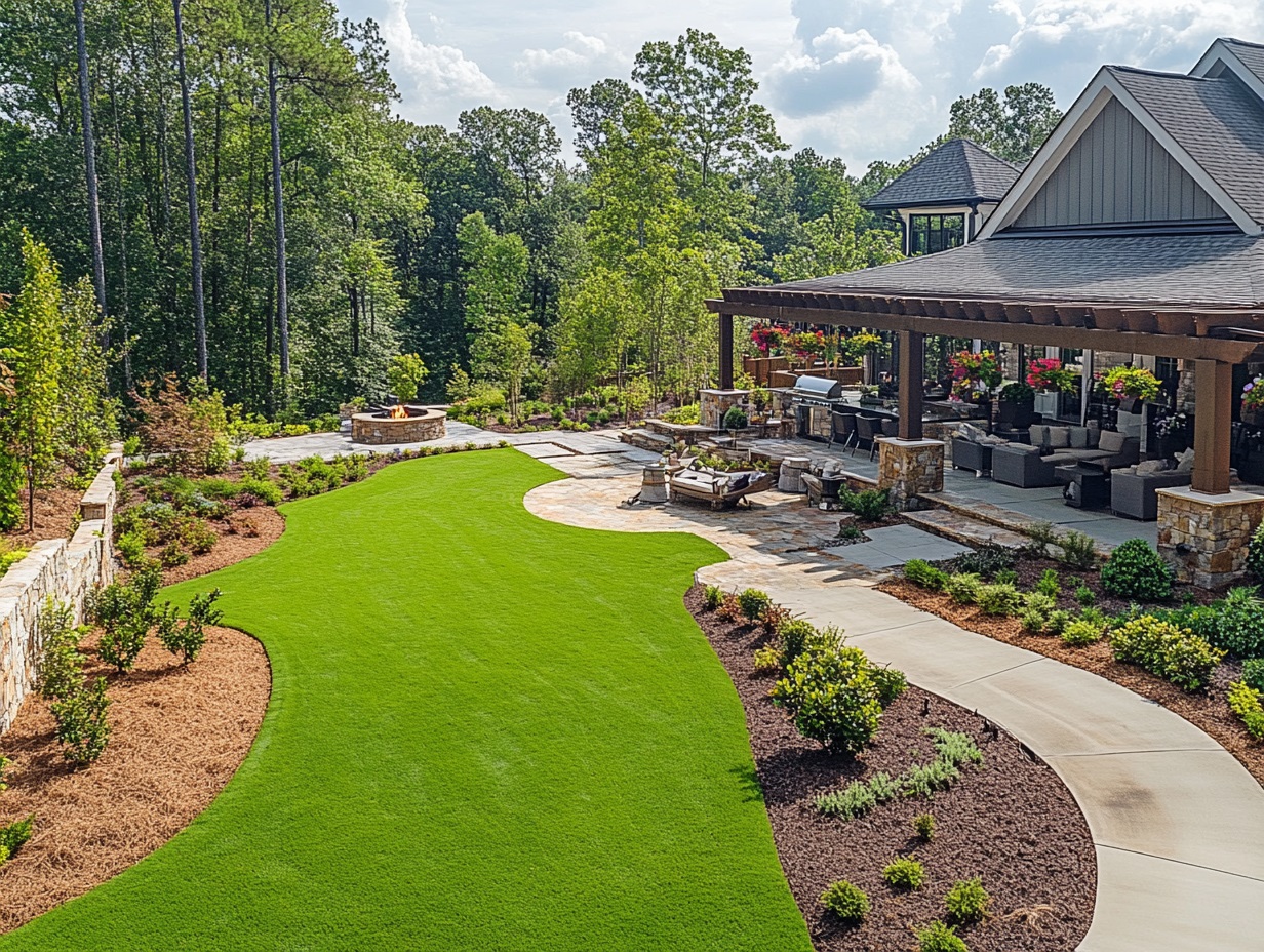 An aerial view of a beautifully landscaped and hardscaped home at the North Carolina and South Carolina border, featuring a lush green lawn, perfectly manicured shrubs, vibrant flower beds, a custom stone patio with an outdoor kitchen, a winding stone walkway, and a modern pergola. The backyard includes a fire pit, synthetic turf areas, and decorative rocks, all surrounded by mature trees and a serene, natural environment. The design balances aesthetics and functionality, highlighting both the landscaping and hardscaping work around the house.