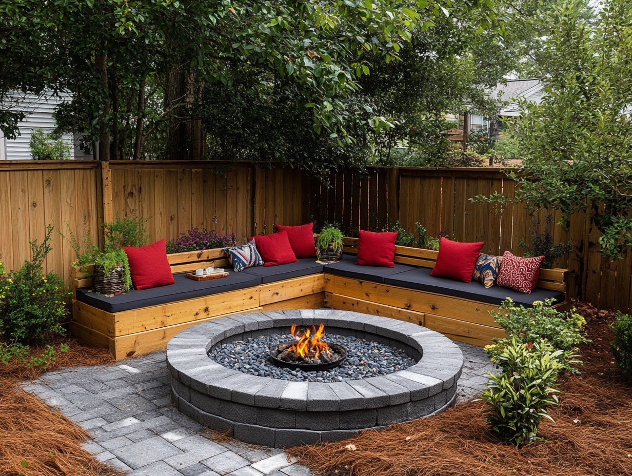 built-in seating, storage benches, fire pit with table functionality