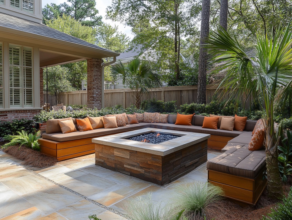 built-in seating, storage benches, fire pit with table functionality