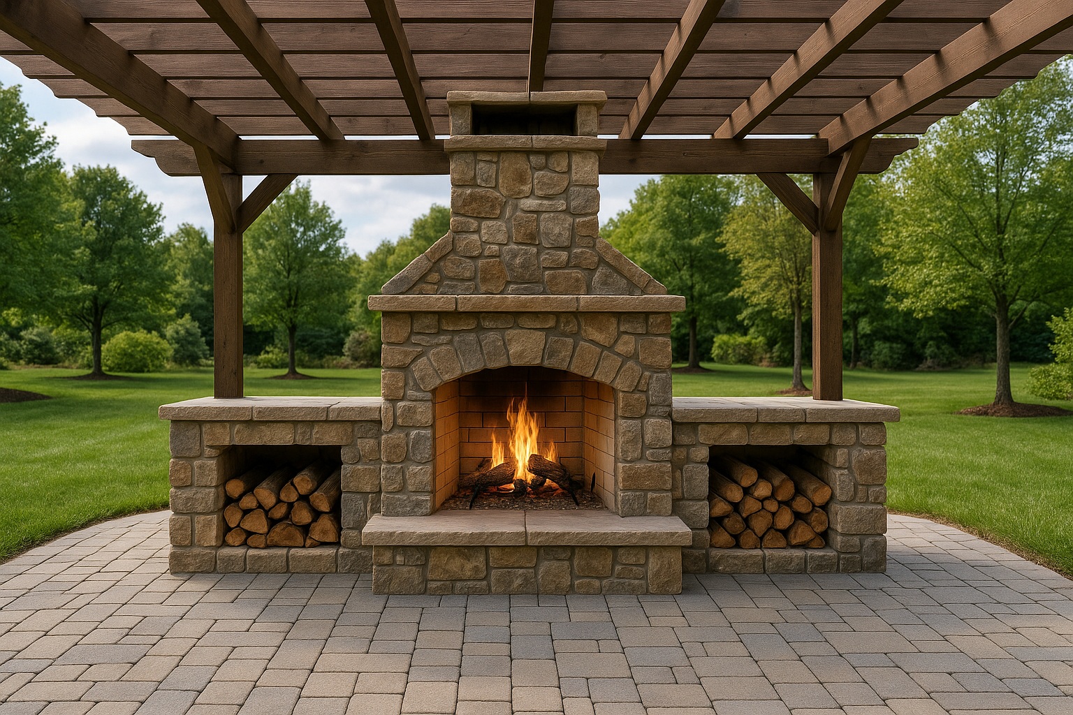 Outdoor natural stone fireplace with chimney and built-in wood boxes