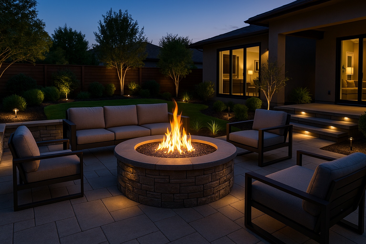 Luxury backyard patio with a built-in stone gas firepit