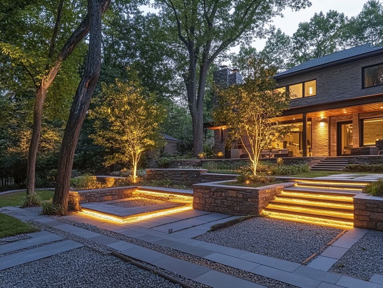 backyard with path lights