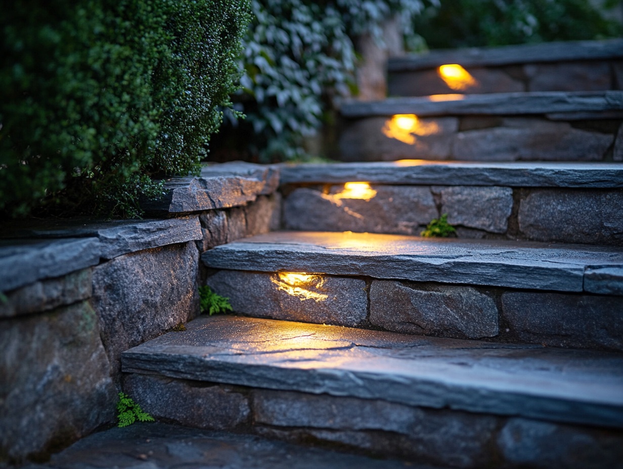 step lights built into stone stairway
