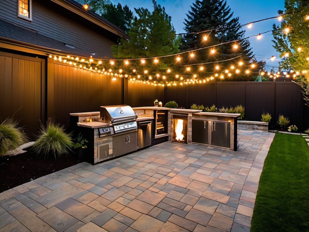 Modern turf design between pavers leading to an outdoor kitchen