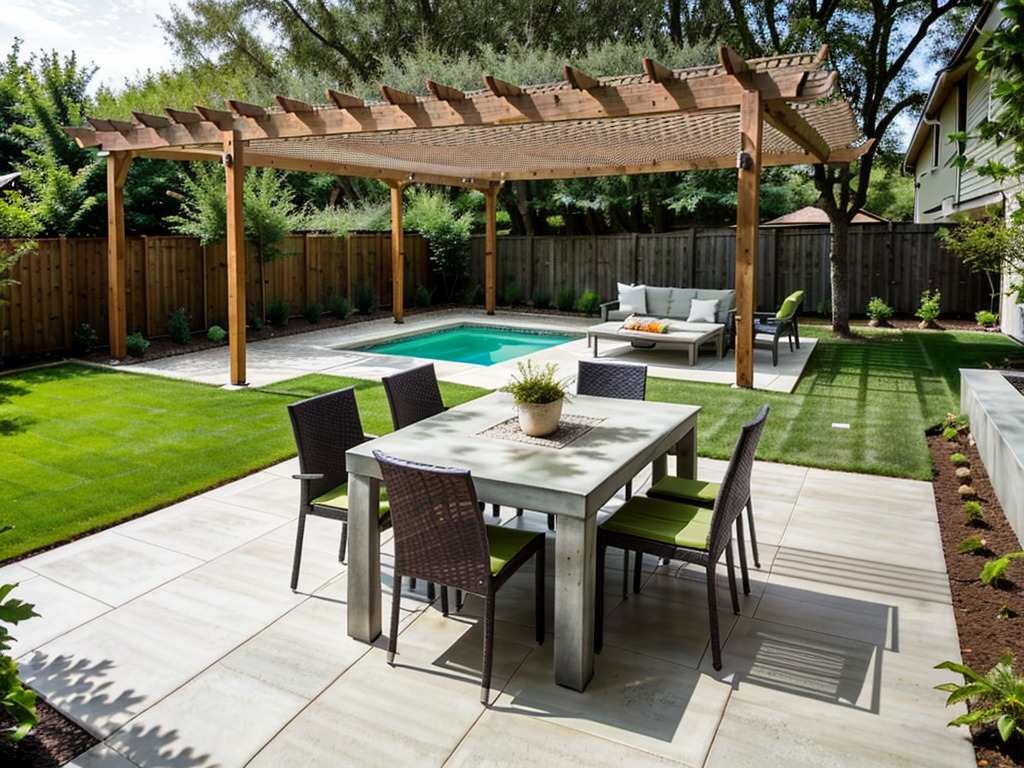 simple concrete patio with pergola and dining area