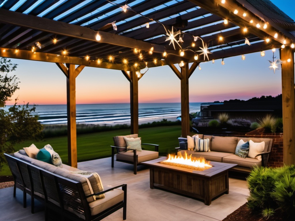 Backyard patio with broom-finish concrete floor and a cedar pergola above