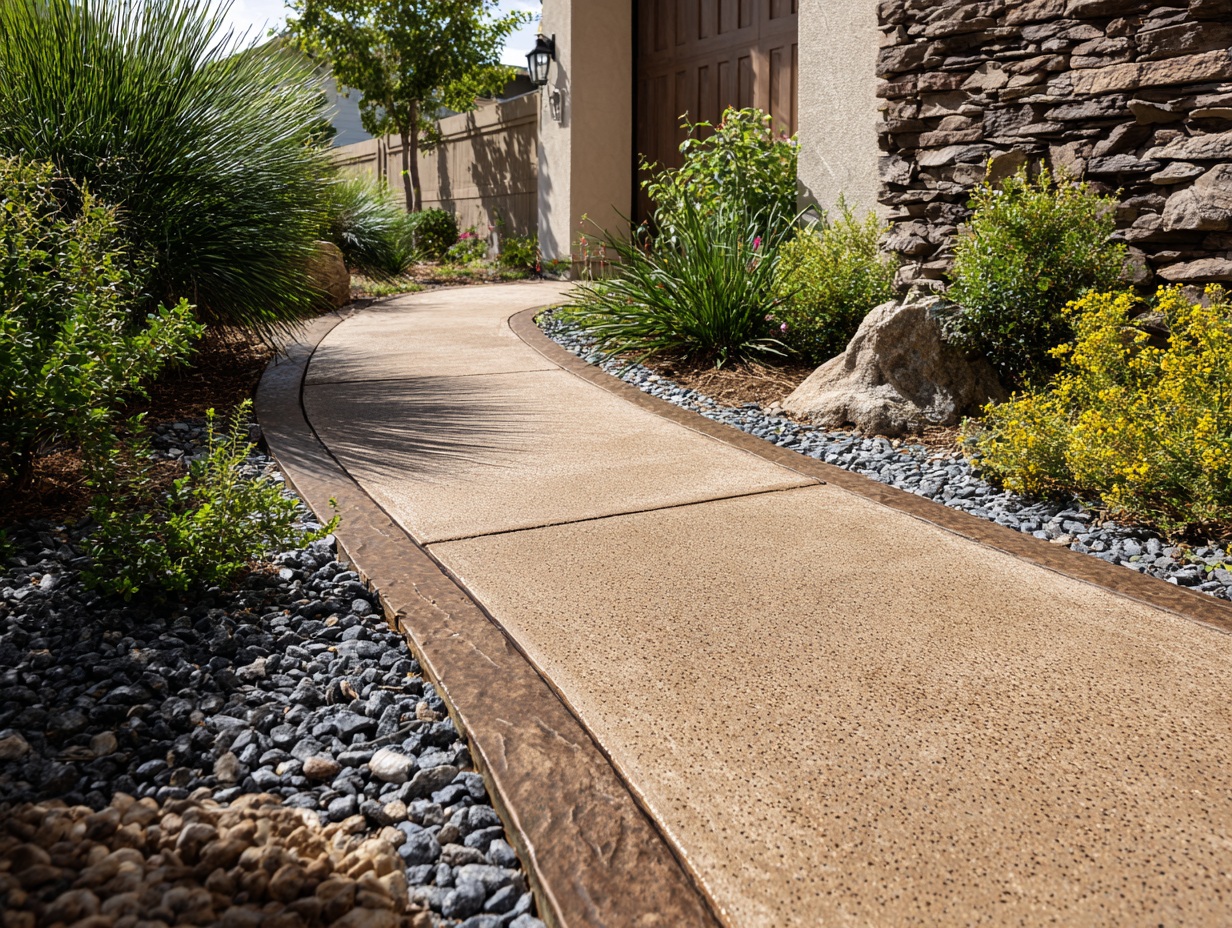 Backyard walkway with a broom-finish concrete surface