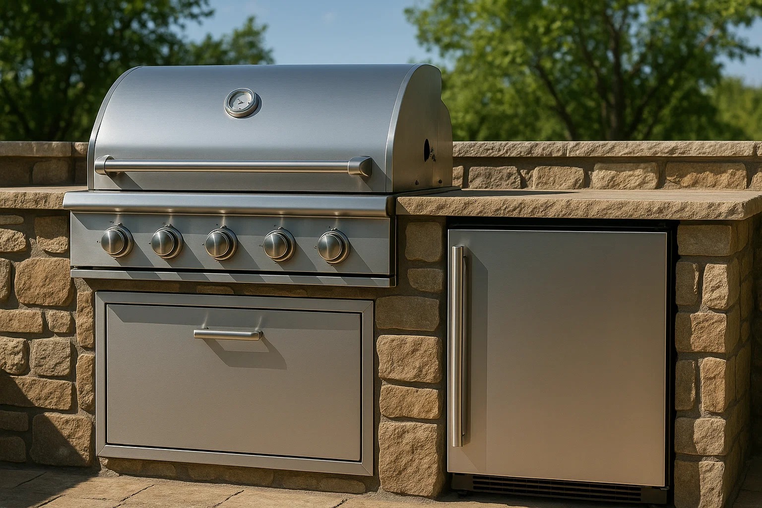 Close-up of a built-in stainless steel grill and refrigerator in a stone outdoor kitchen island