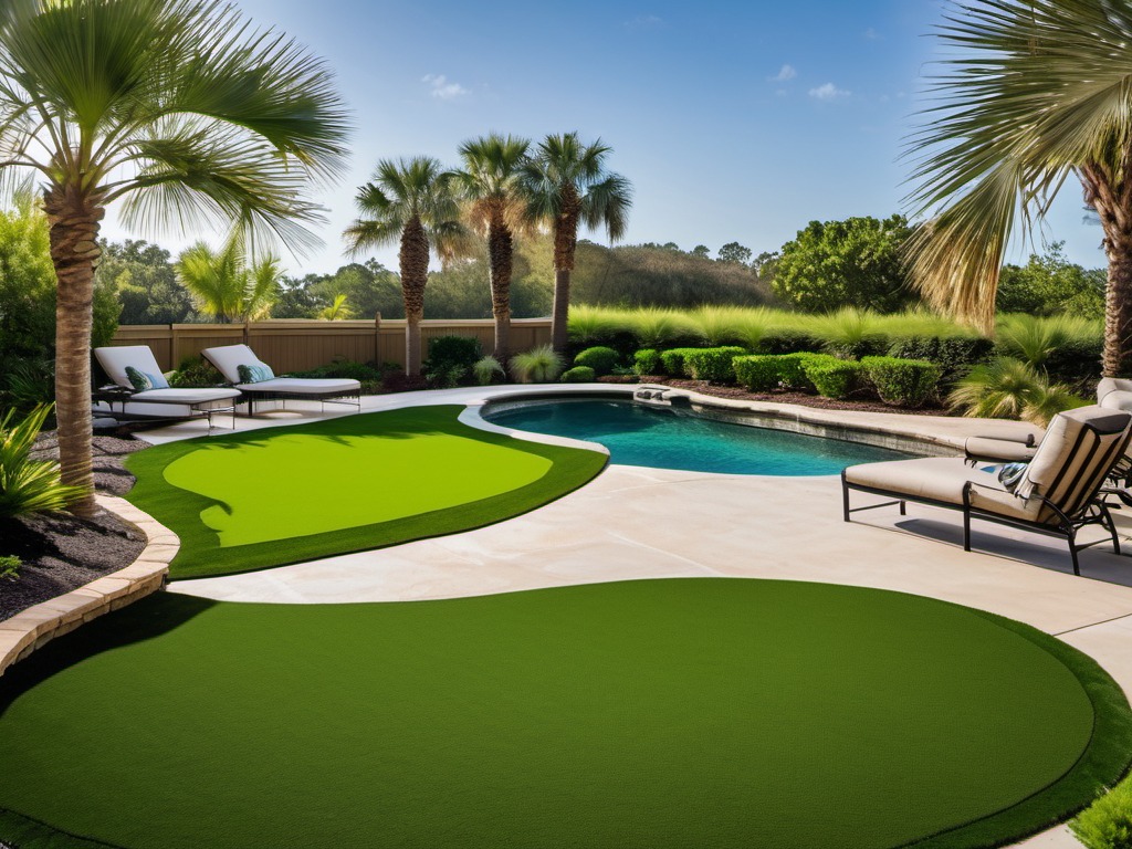 Family backyard with a lush green synthetic turf lawn