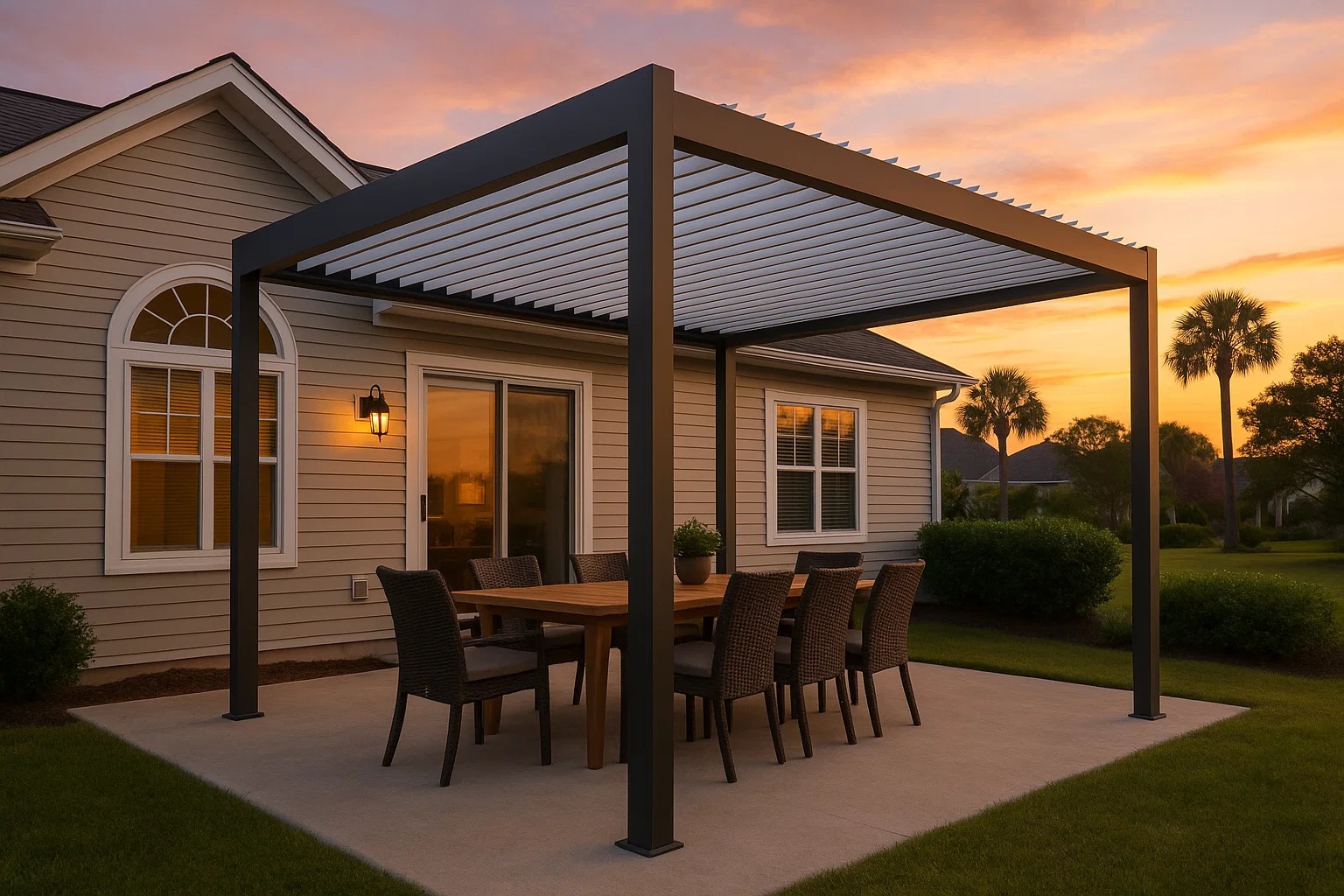 Freestanding white vinyl pergola with climbing vines over a small patio