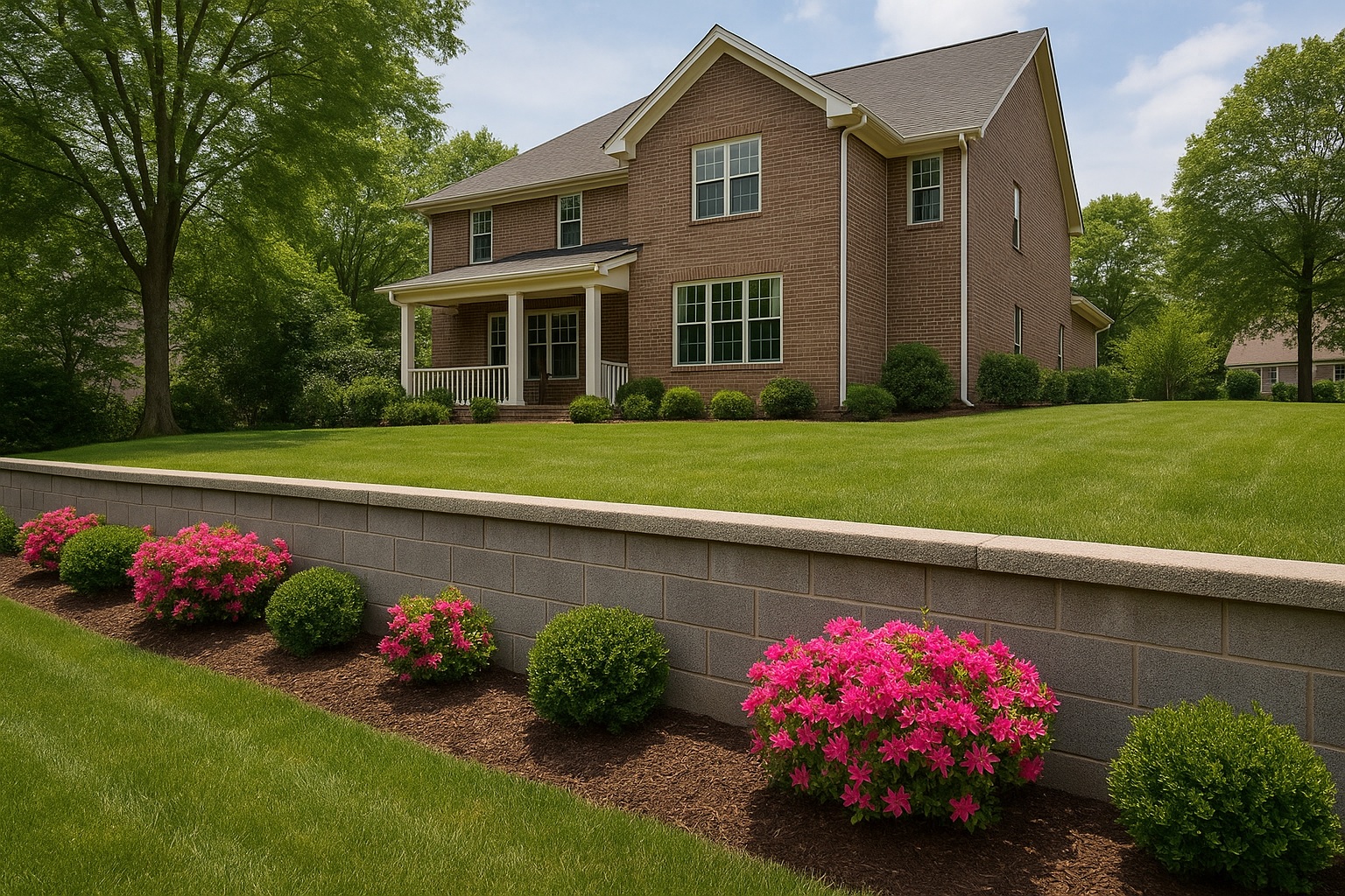 North Carolina Suburban Garden with retaining wall