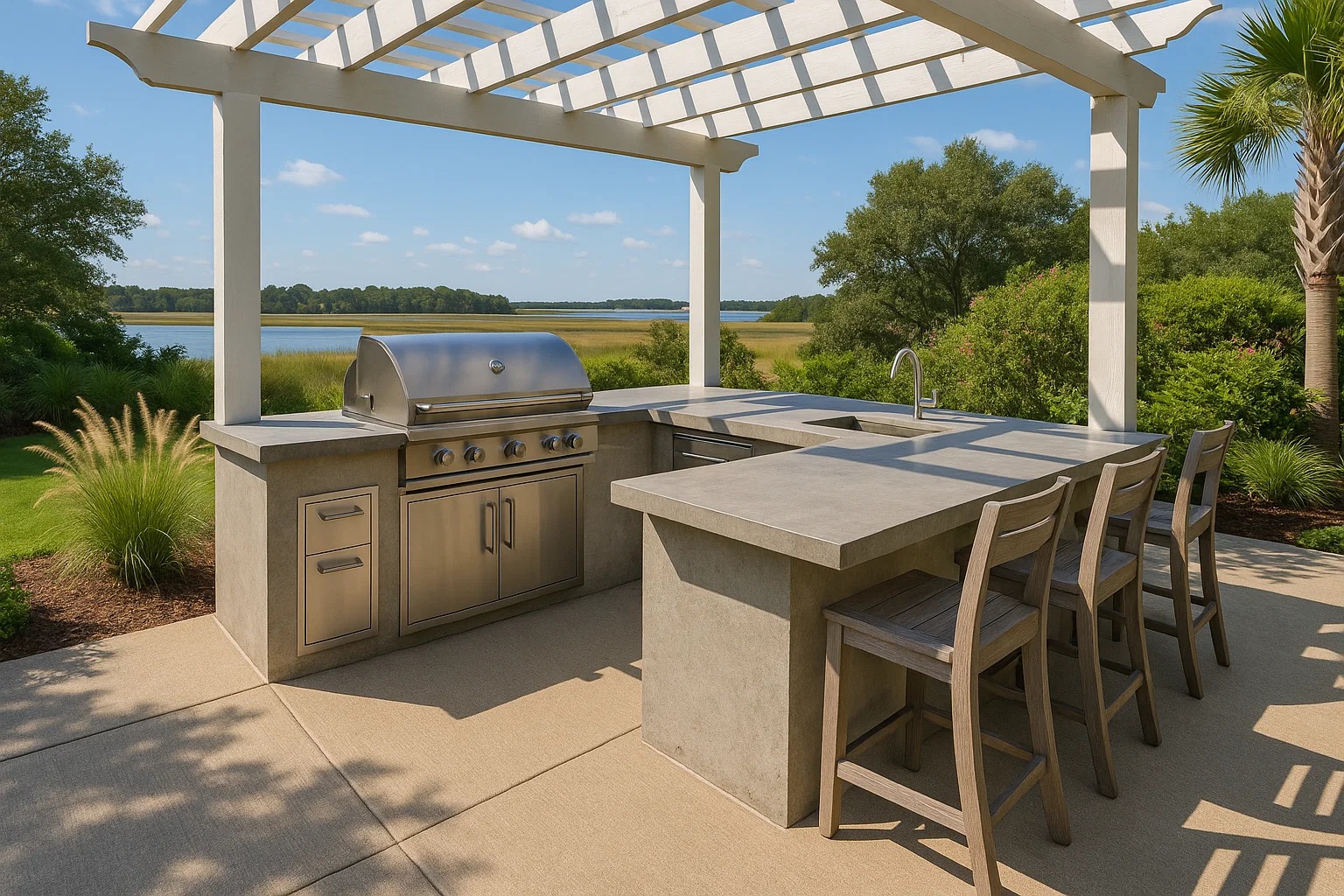 Outdoor kitchen under a pergola with stainless steel grill