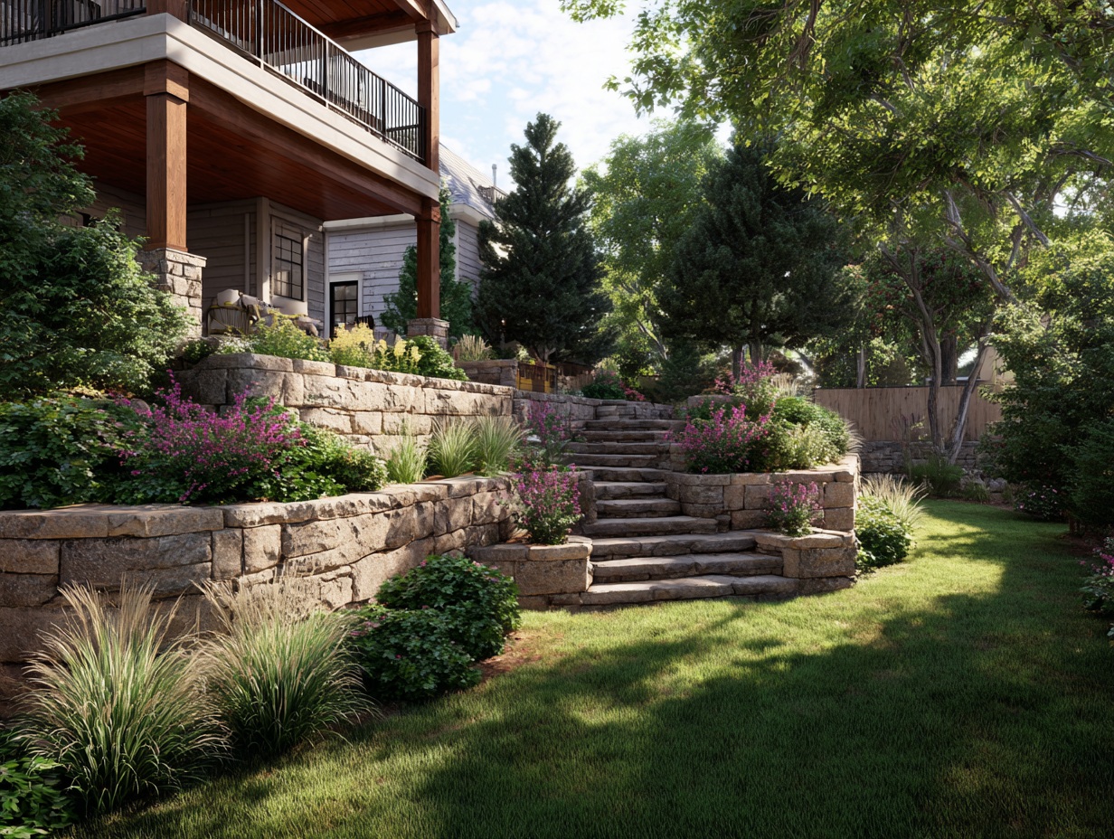 Tiered backyard with stone retaining walls
