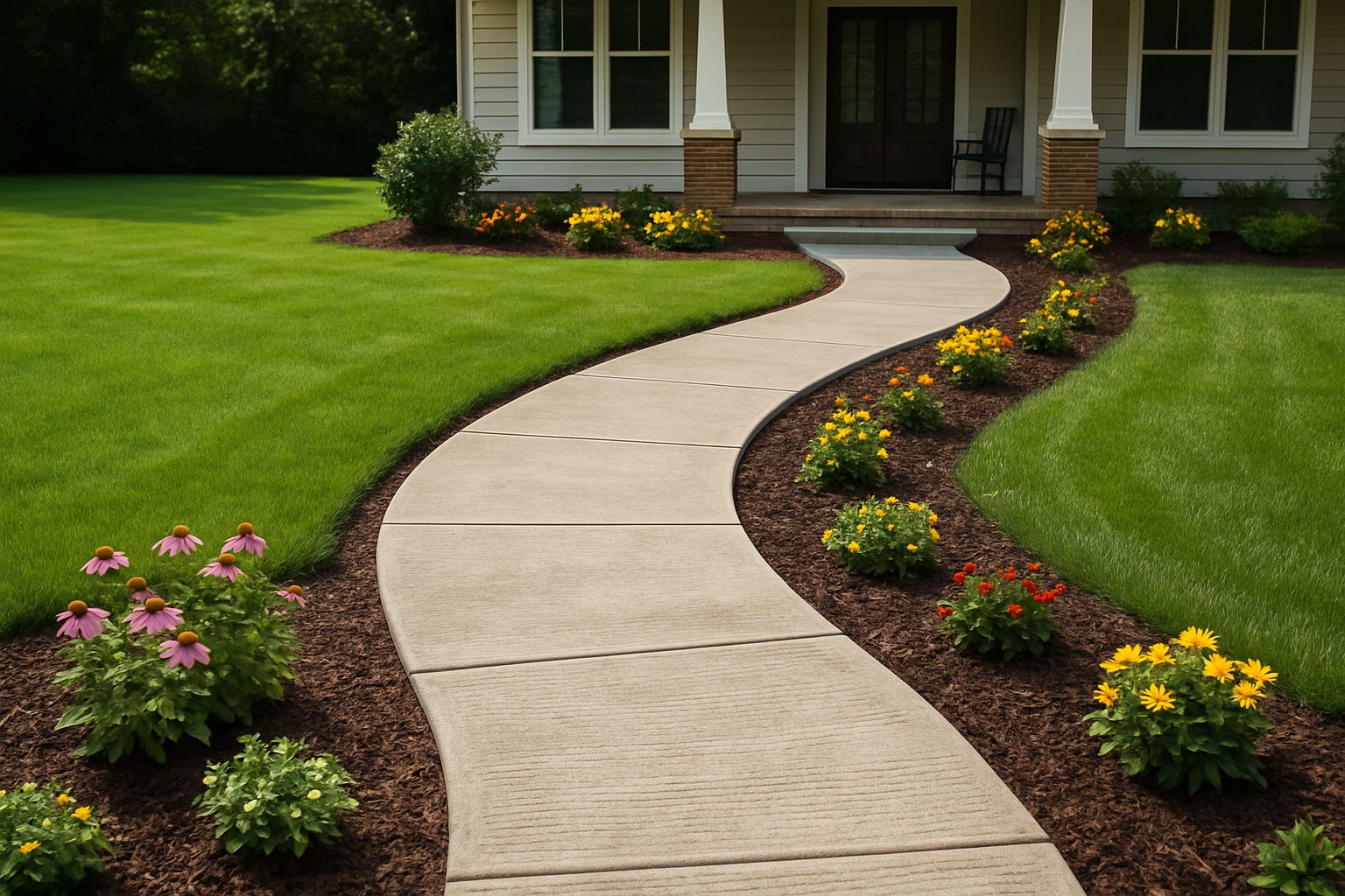 winding broom-finish concrete walkway