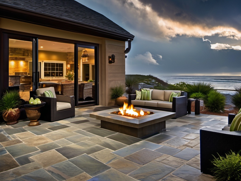 Coastal patio built with stone pavers under stormy sky