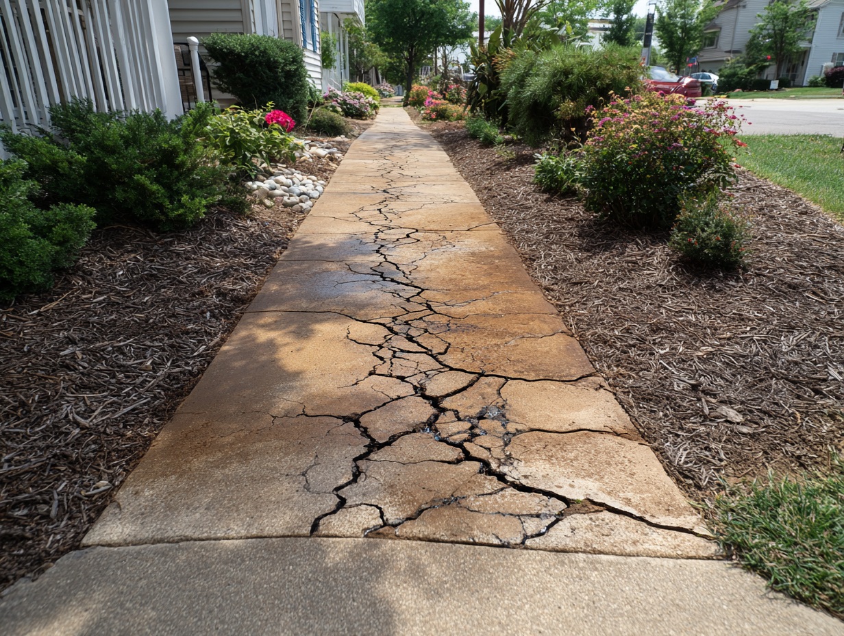 DIY concrete walkway with visible cracks and uneven settling