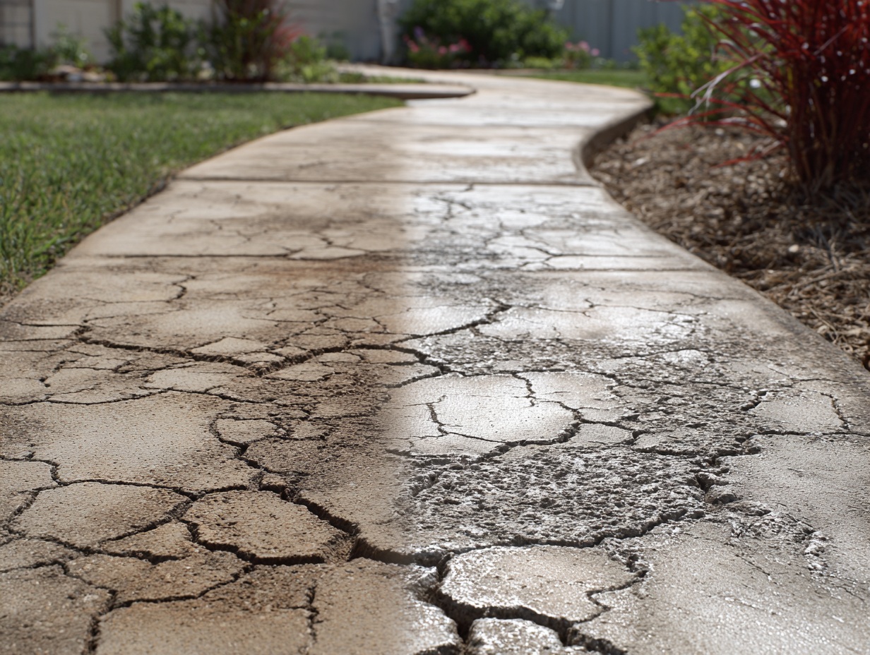 DIY concrete walkway with visible cracks and uneven settling