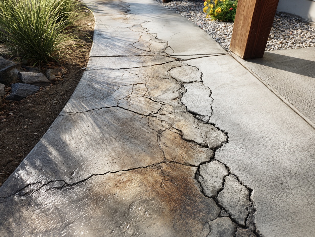 DIY concrete walkway with visible cracks and uneven settling