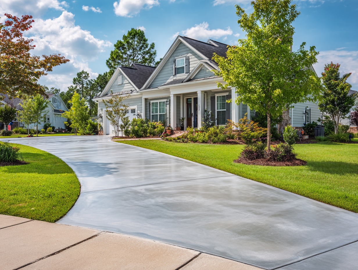Freshly sealed plain concrete driveway with a broom finish