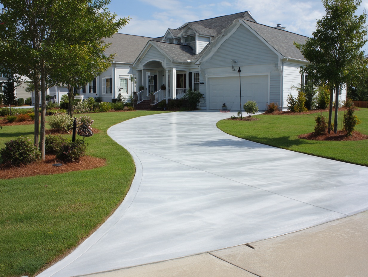 Freshly sealed plain concrete driveway with a broom finish