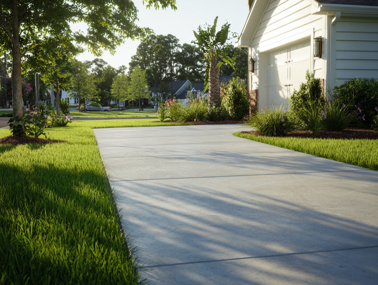 Freshly sealed plain concrete driveway with a broom finish