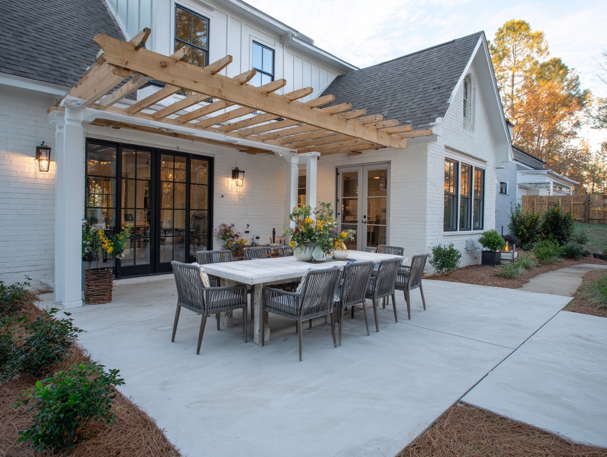 Plain concrete patio with outdoor dining set and pergola