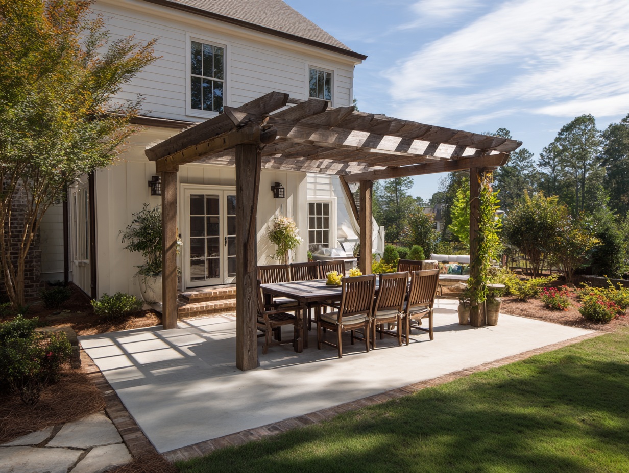 Plain concrete patio with outdoor dining set and pergola