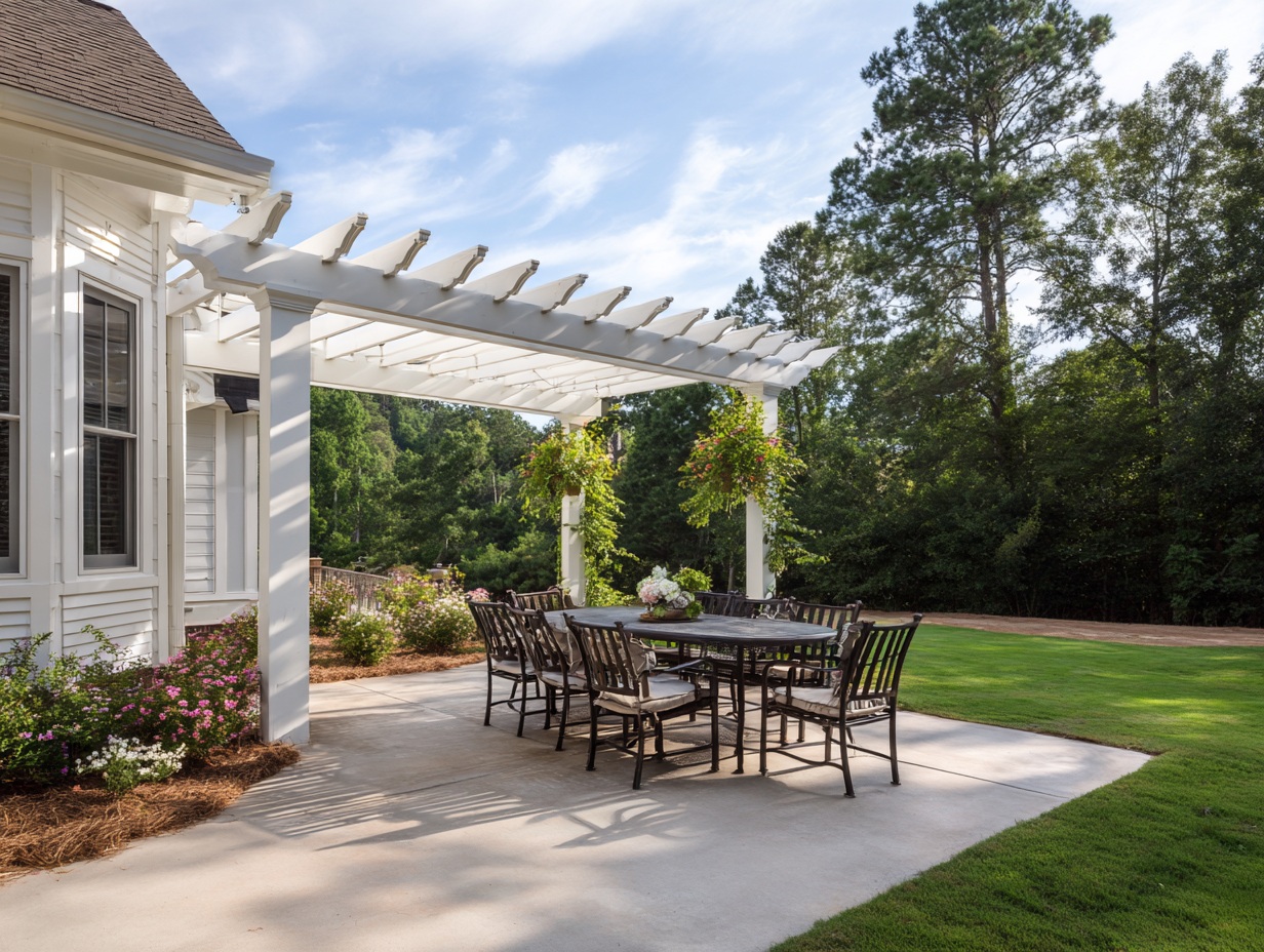 Plain concrete patio with outdoor dining set and pergola