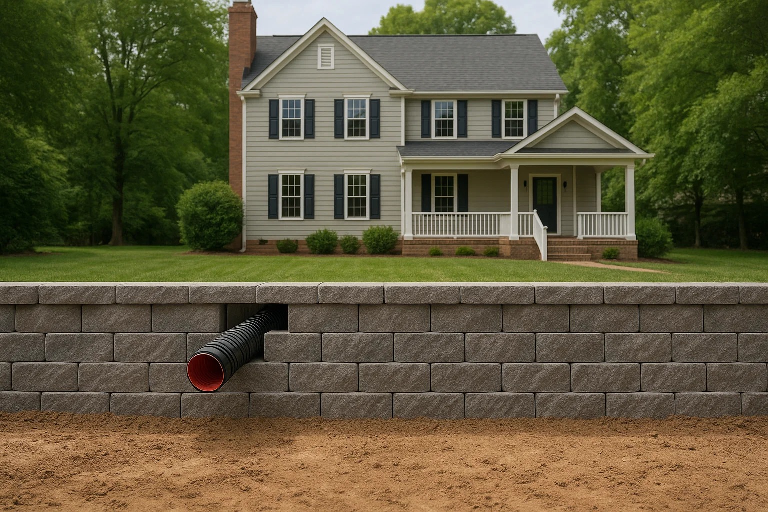 Backyard retaining wall made of concrete blocks with drainage pipe