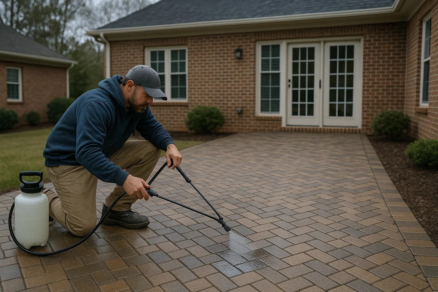 Carolina backyard patio made of pavers being sealed by contractor before winter