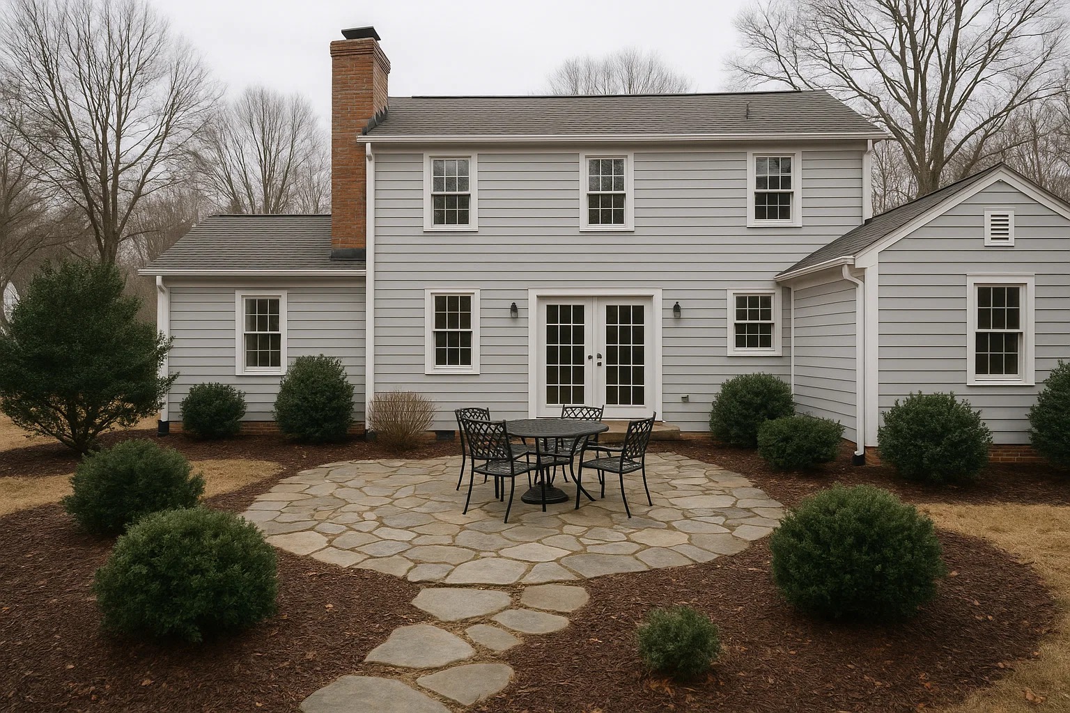 Carolina-style home backyard with stone patio