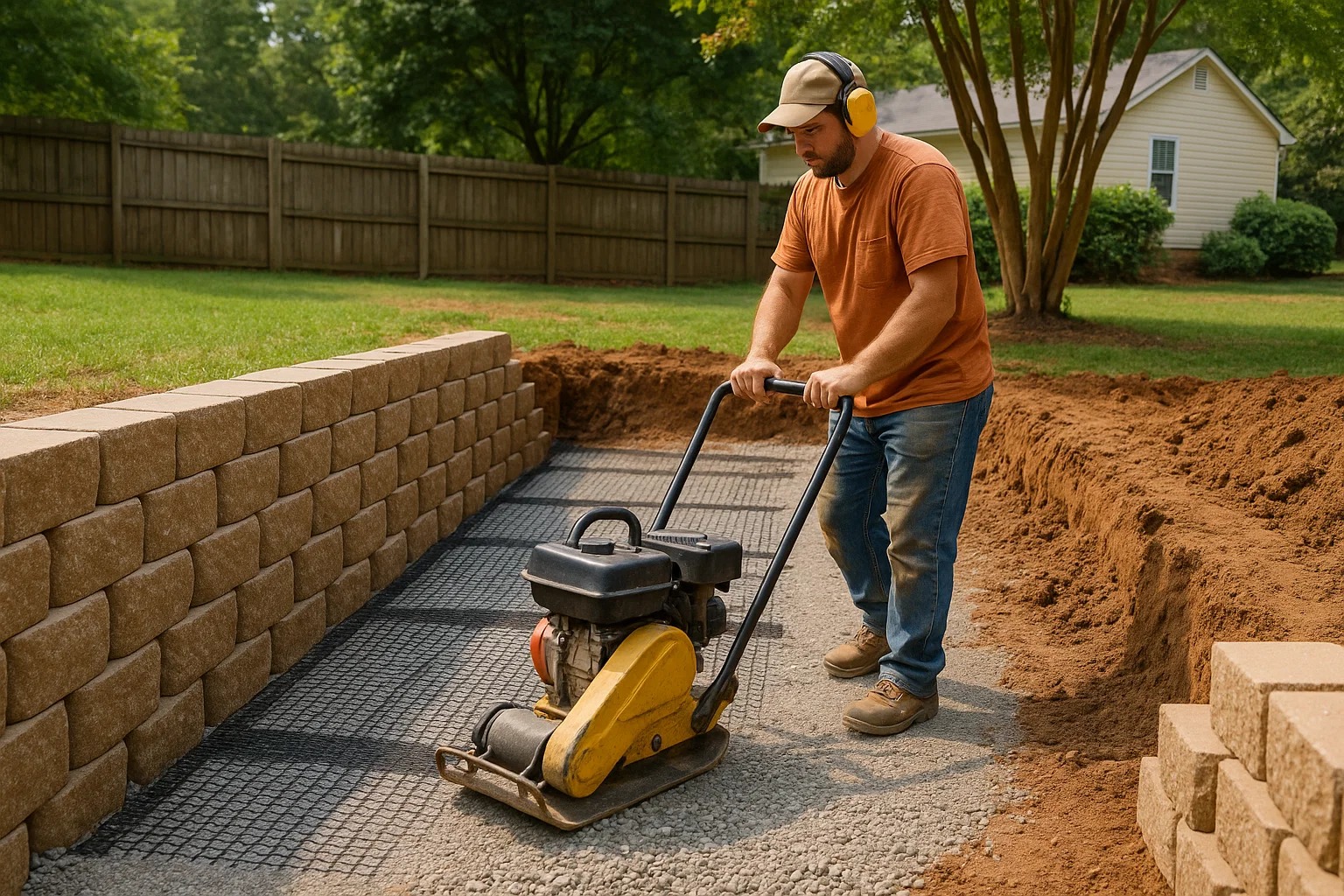 Contractor compacting gravel base for a retaining wall with geogrid reinforcement