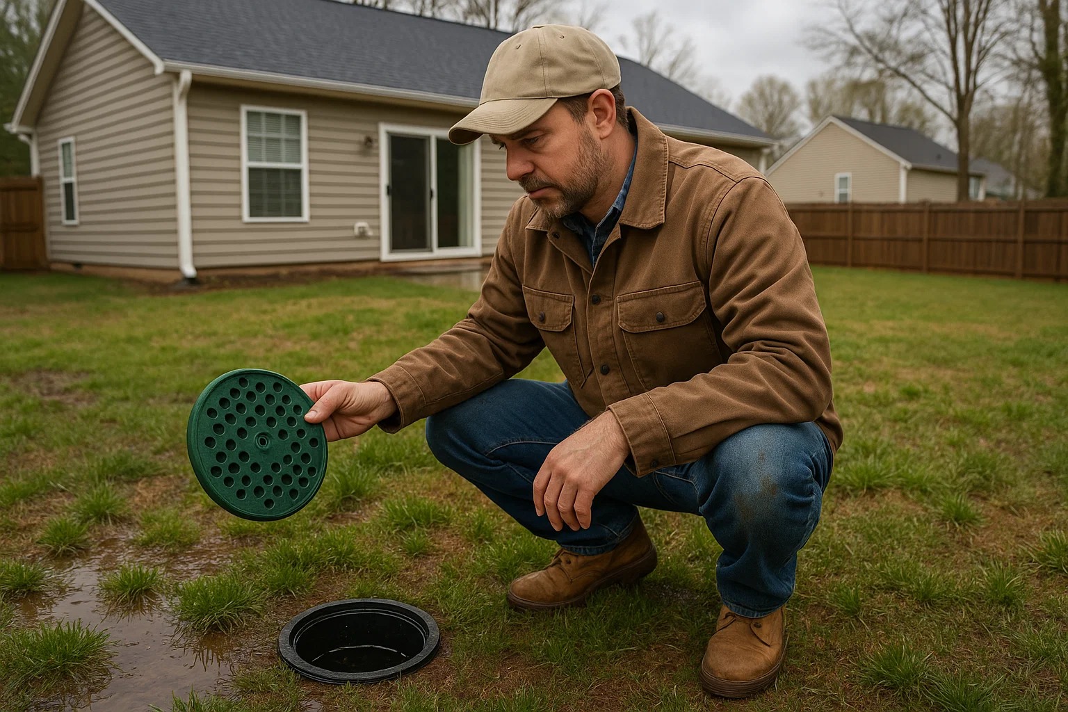 Contractor inspecting a French drain access point