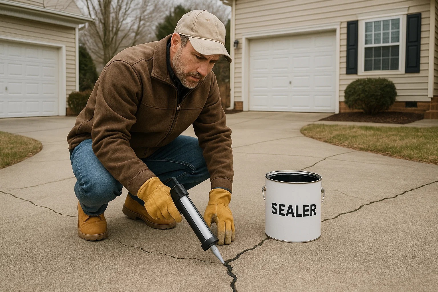 Contractor inspecting cracks in a concrete driveway and applying sealer during mild winter weather