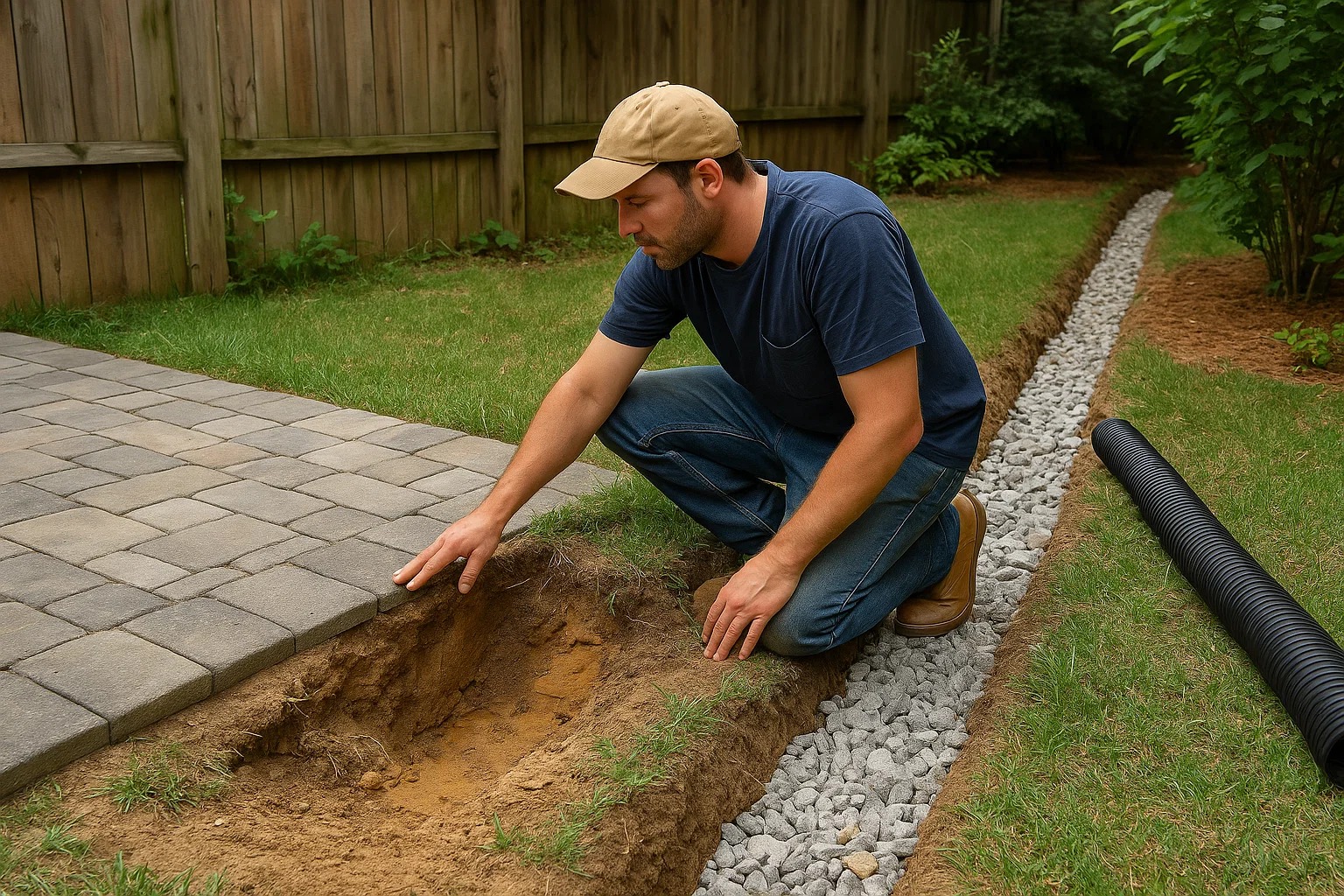 Contractor inspecting erosion damage near paver patio