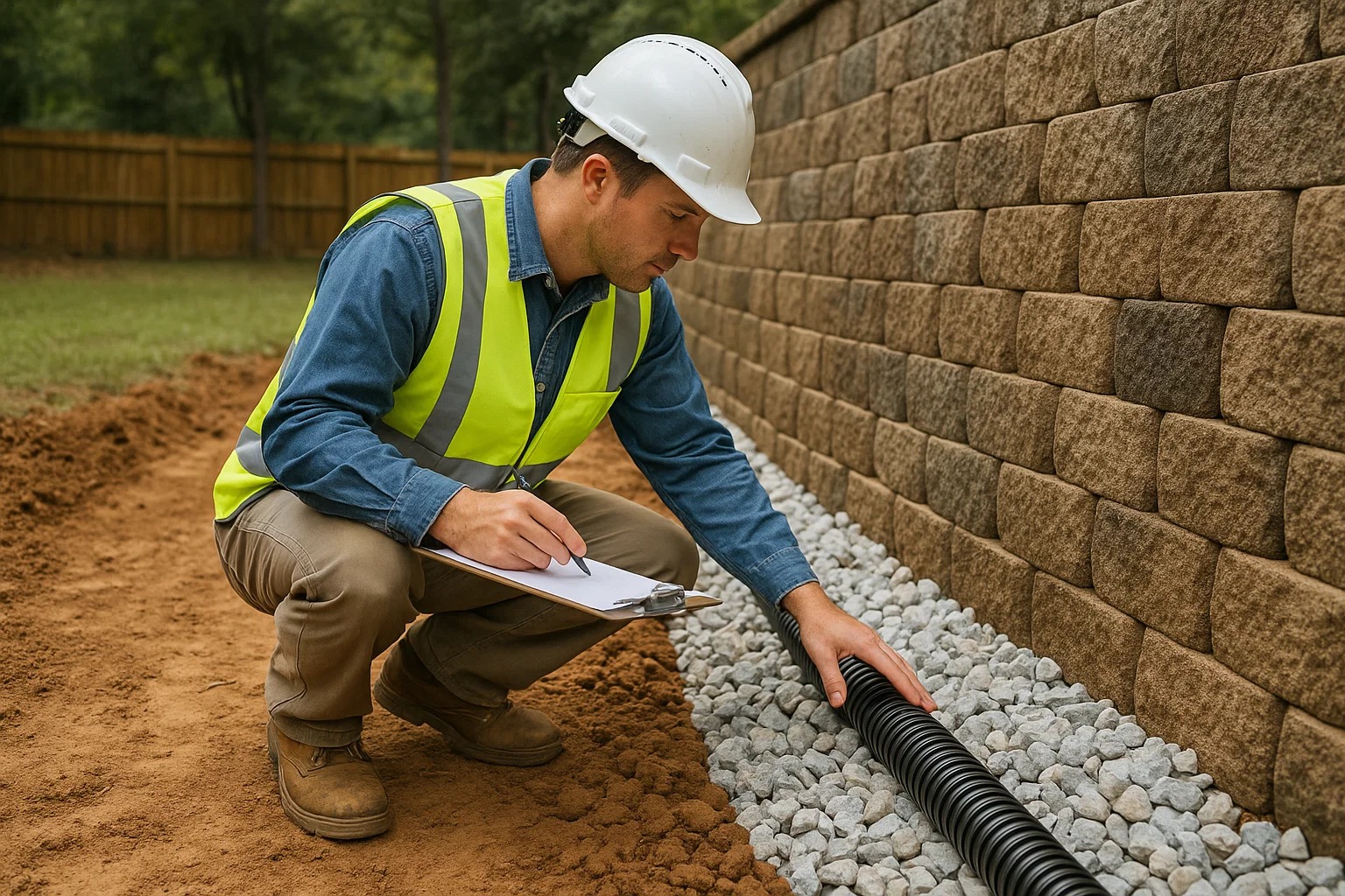 Contractor inspecting retaining wall drainage gravel and perforated pipe