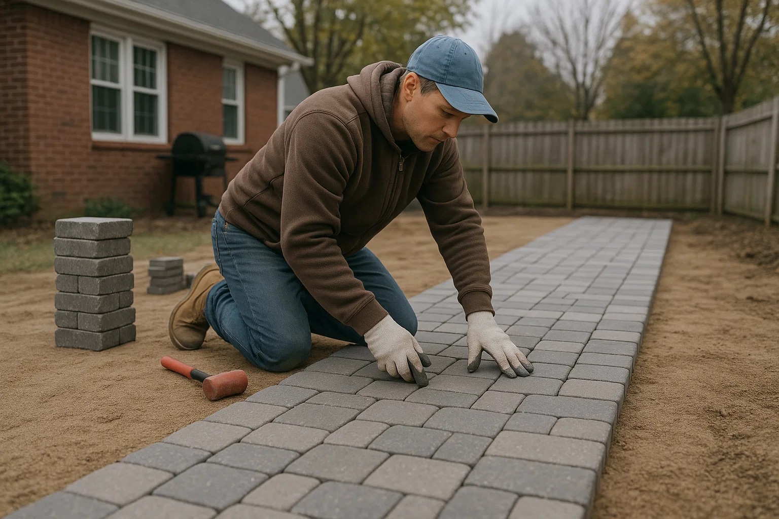 Contractor setting pavers on compacted base in cool weather