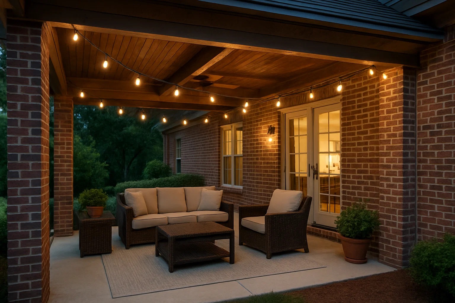 Covered patio with brick columns, string lights
