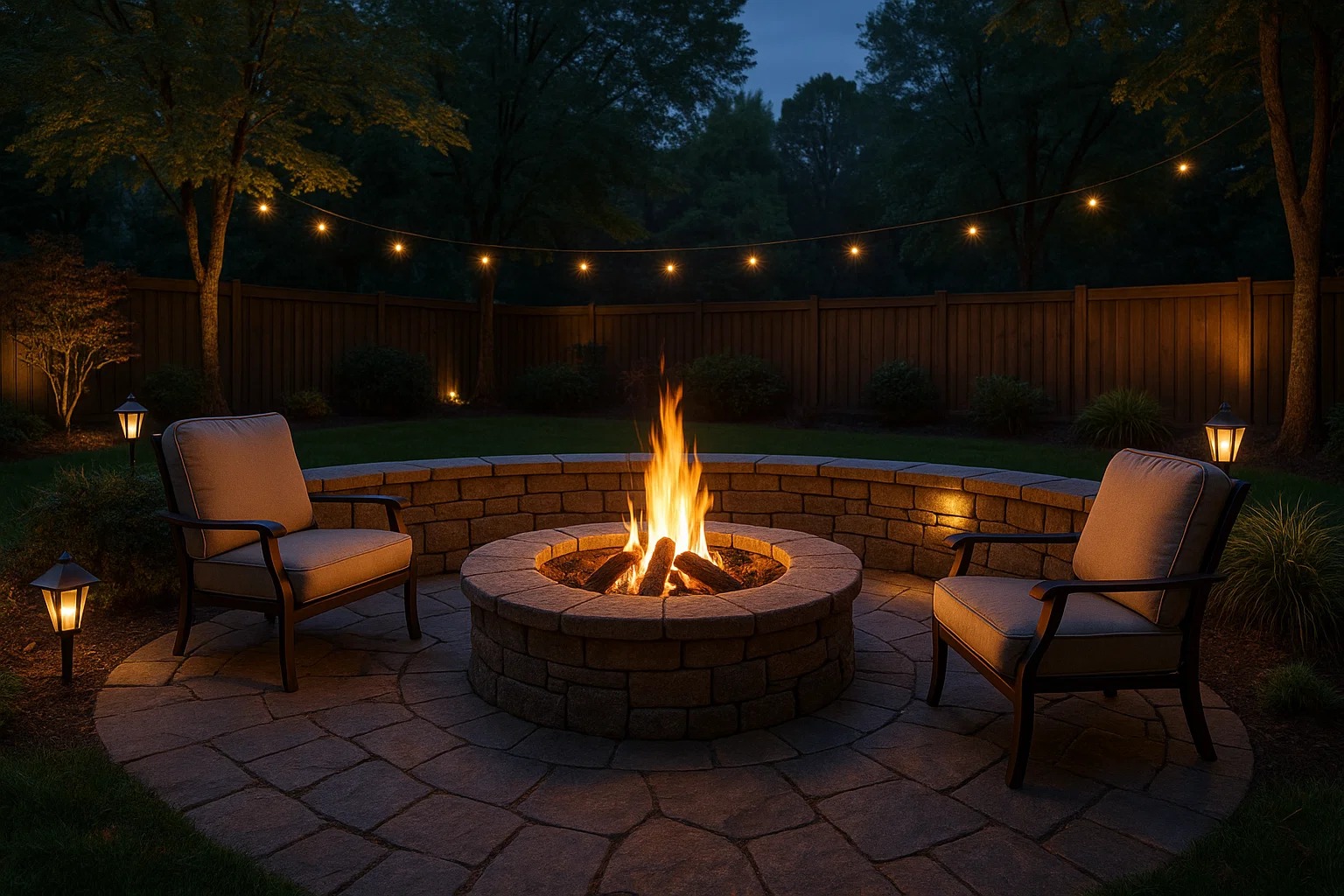 Cozy backyard in North Carolina with stone fire pit