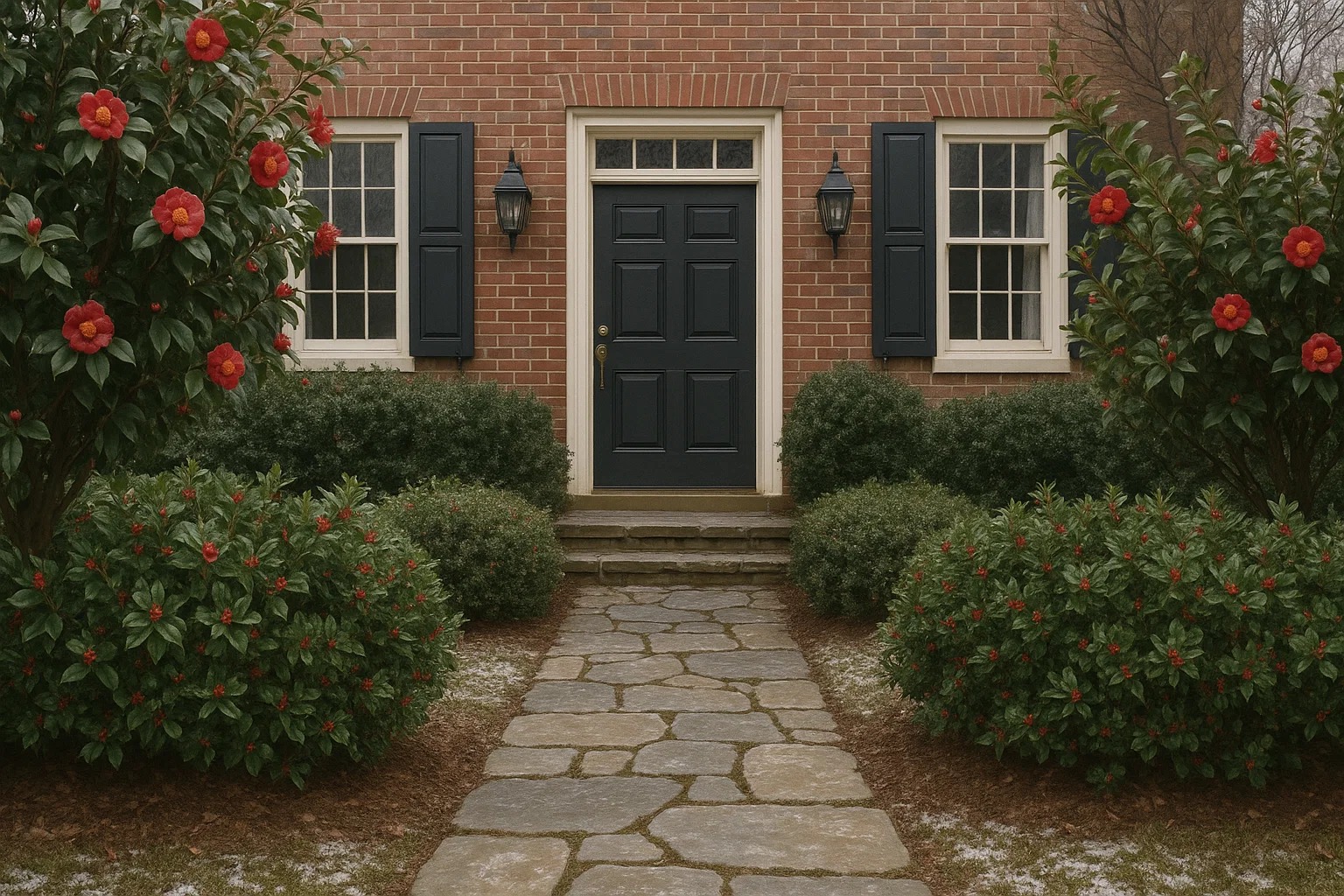 Front yard of a Carolina brick home with camellias and holly shrubs