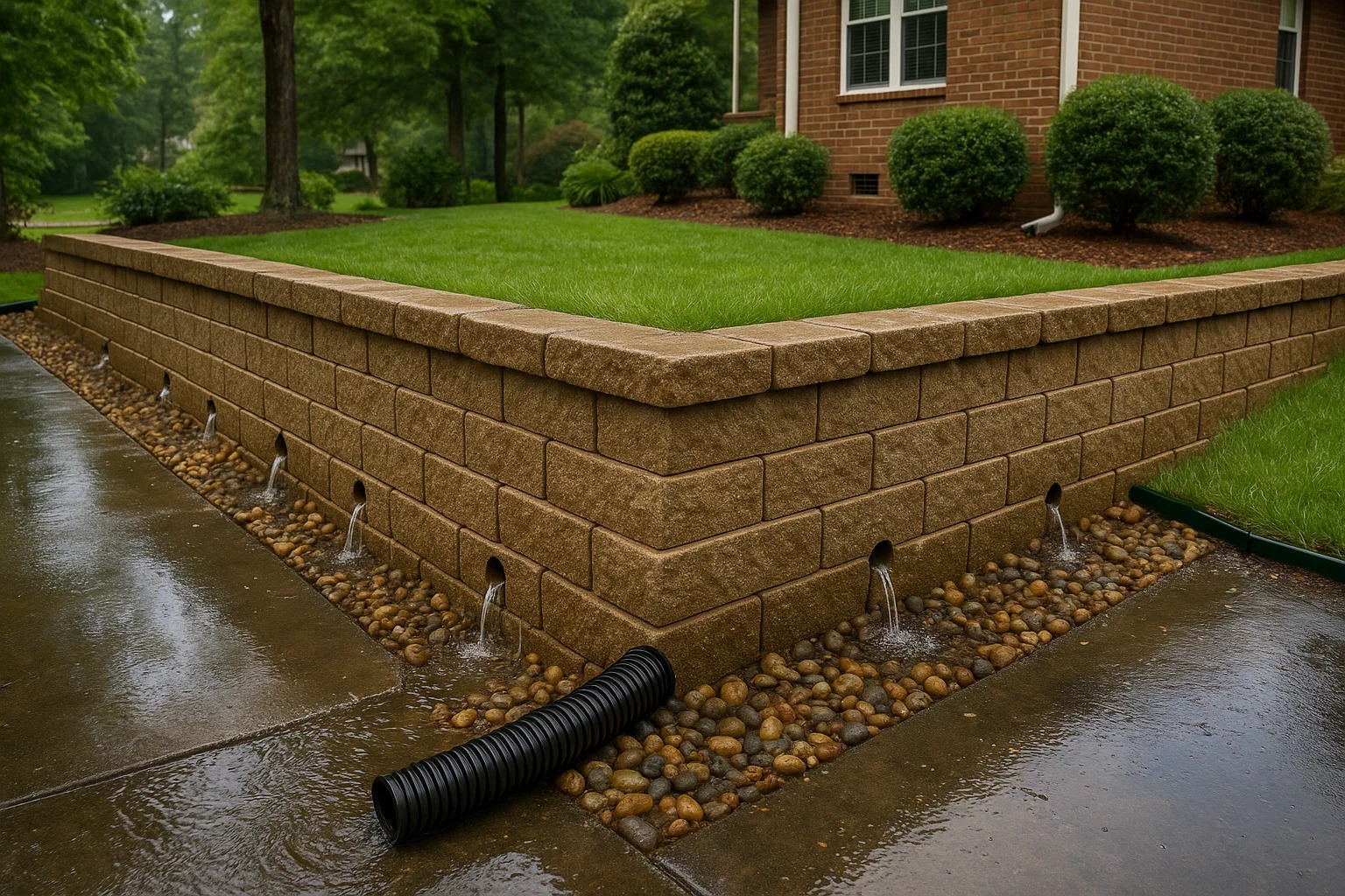 Home retaining wall with weep holes and landscape drainage system