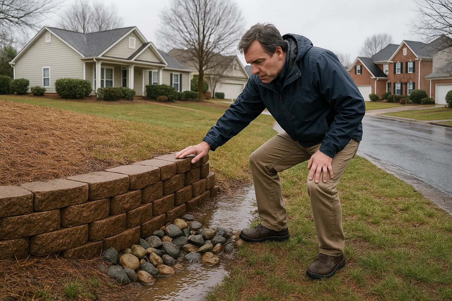 Homeowner inspecting a small retaining wall and drainage area after light winter rain