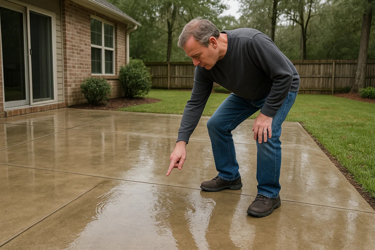 Homeowner inspecting patio surface for pooling water after rain