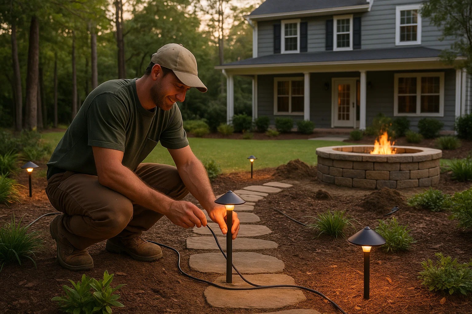 Landscape contractor installing LED path lights and fire pit in residential backyard