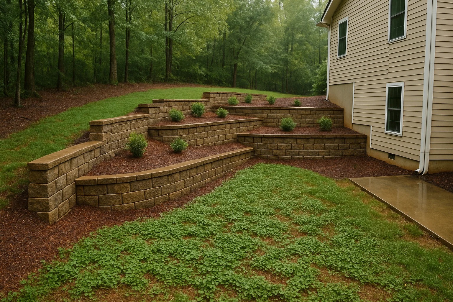 Residential backyard with retaining wall, mulch beds