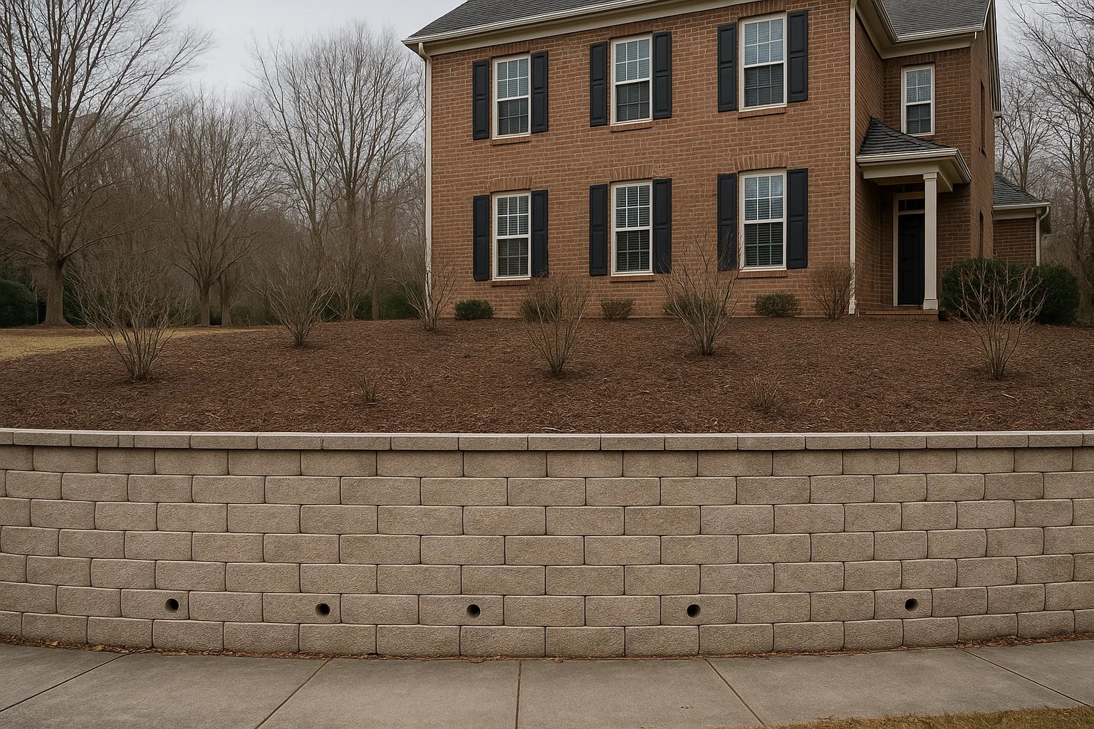 Residential retaining wall with weep holes and mulch beds above it