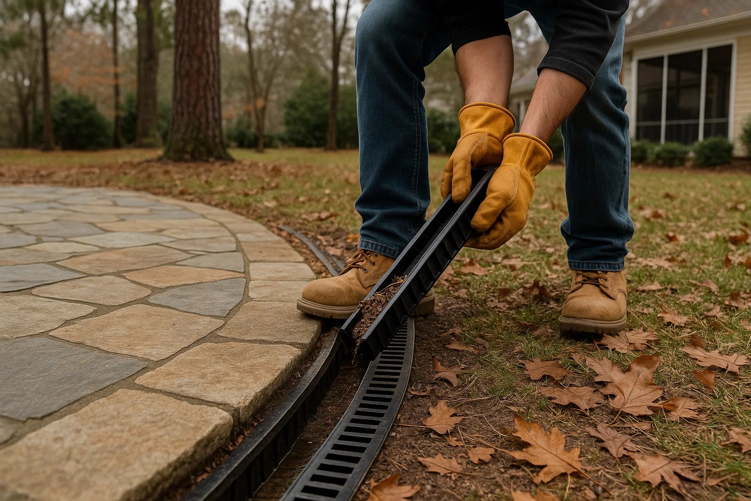 Residential yard in South Carolina with channel drain being cleaned
