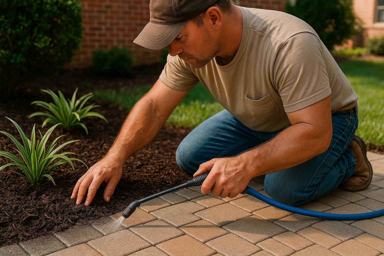 contractor adding mulch around plants and sealing paver joints
