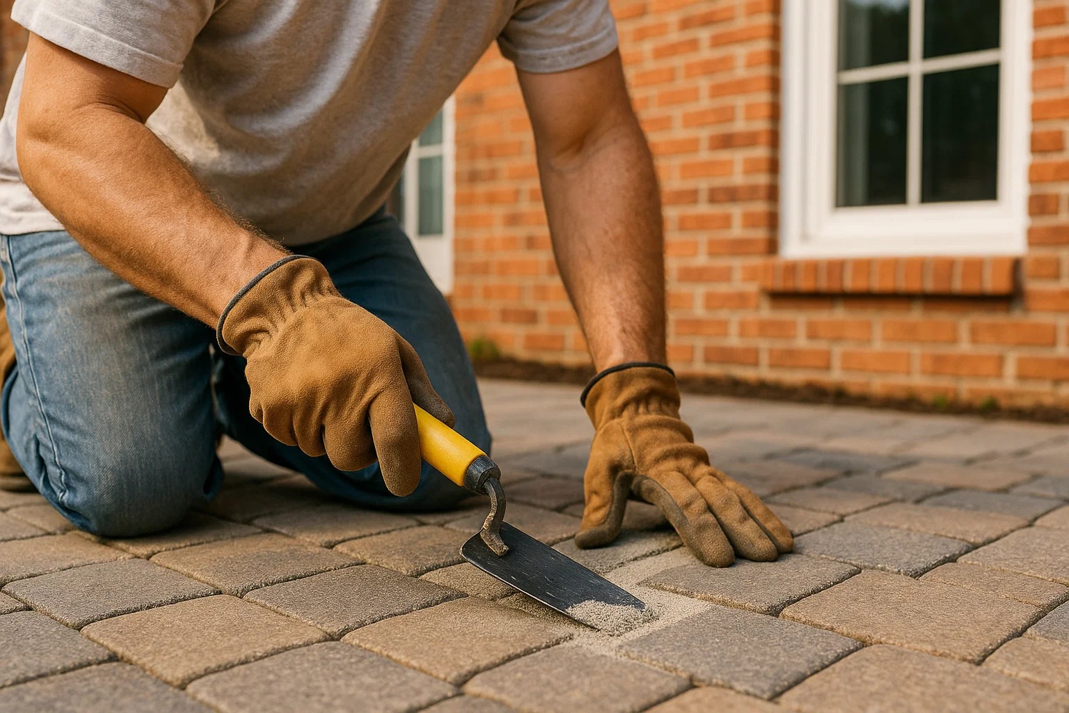 contractor applying polymeric sand between pavers