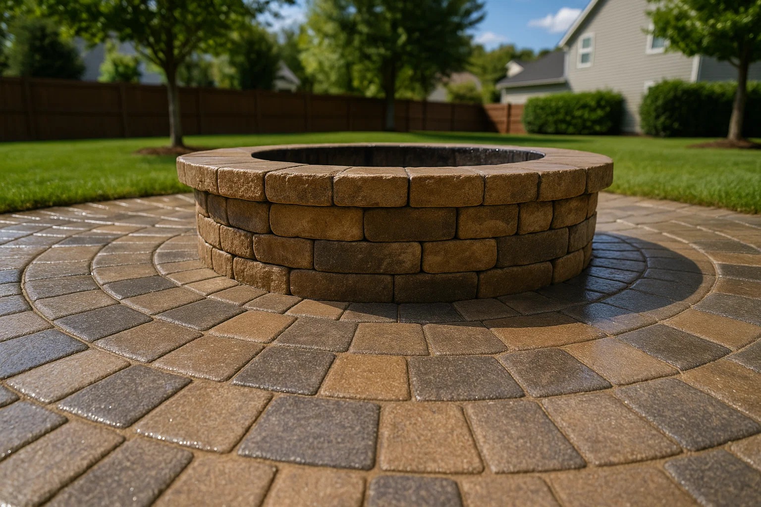 polymeric sand and sealed pavers surrounding a fire pit